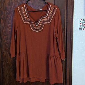 LOGO by Lori Goldstein Burnt Orange Embroidered 3/4 Sleeve Blouse Size 1X